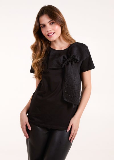 Blue Vanilla Black Embellished Bow Apllique T-shirt