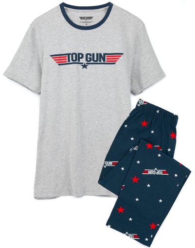 Top Gun Mens Black Logo Print Top & All Over Print Bottoms Short Sleeve Long Leg Pyjama Set