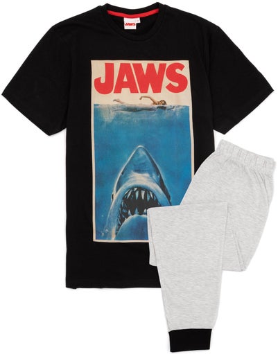 Jaws Mens Black Poster Short Sleeve Long Leg Pyjama Set