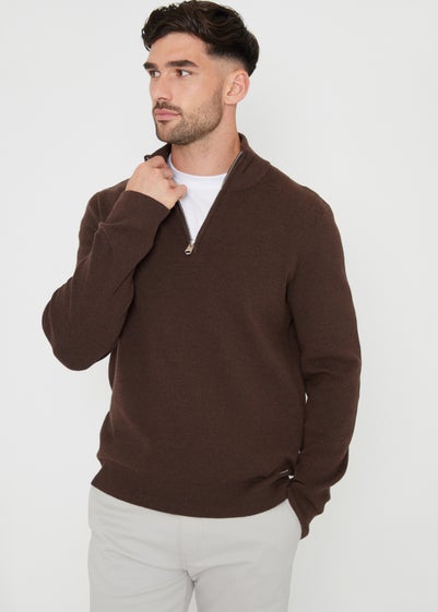 Threadbare Brown Cotton Blend Knitted Quarter Zip Jumper