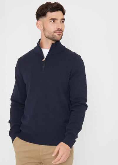 Threadbare Navy Cotton Blend Knitted Quarter Zip Jumper