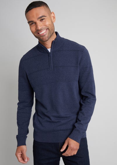 Threadbare Navy Textured Stripe Detail Quarter Zip Jumper