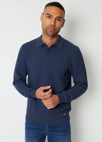 Threadbare Blue Long Sleeve Textured Knit Polo Collar Jumper