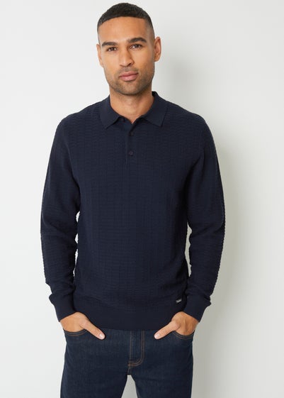 Threadbare Navy Long Sleeve Textured Knit Polo Collar Jumper