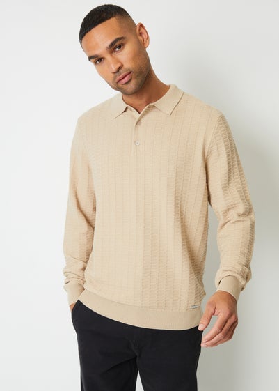 Threadbare Beige Long Sleeve Textured Knit Polo Collar Jumper