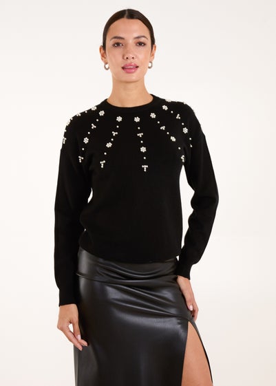 Blue Vanilla Black Pearl Flower Embellishment Jumper