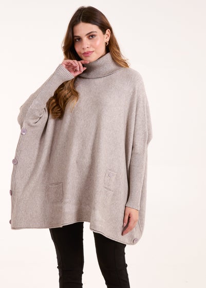 Blue Vanilla Brown Roll Neck Button Mini Pocket Jumper