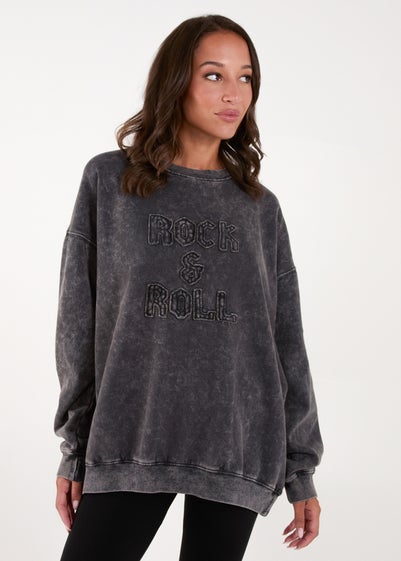 Blue Vanilla Charcoal Rock & Roll Slogan Oversized Sweatshirt