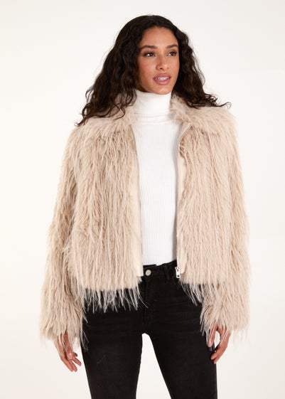 Blue Vanilla Beige Textured Faux Fur Collar Coat