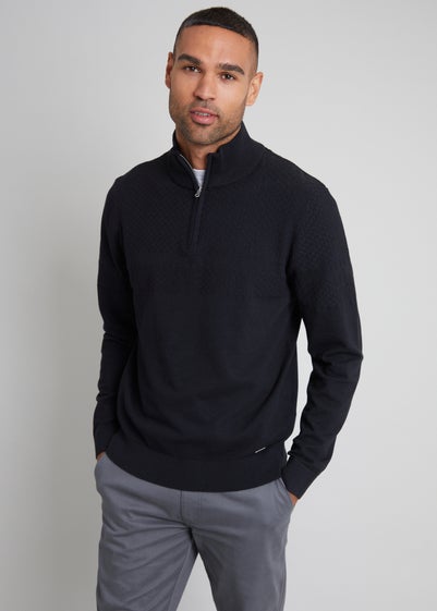 Threadbare Black Basket Stitch Detail Knitted Quarter Zip Jumper