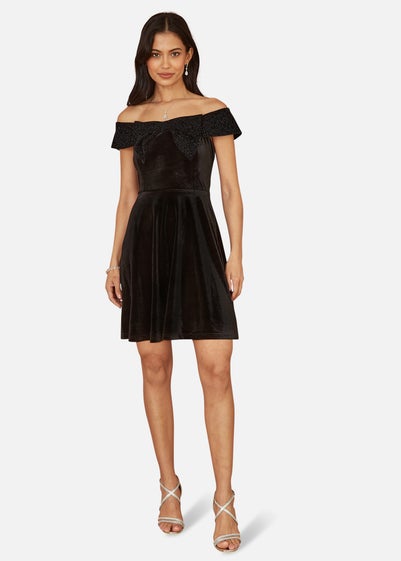 Mela Black Velvet Skater Dress With Sparkle Bow Neckline