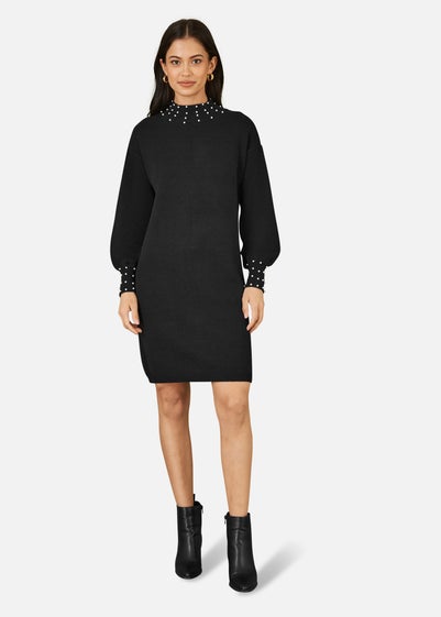 Mela Black Pearl Detail Knitted Relaxed Jumper Dress