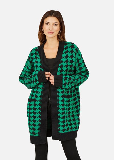 Yumi Green Dogtooth Intarsia Knit Long Cardigan