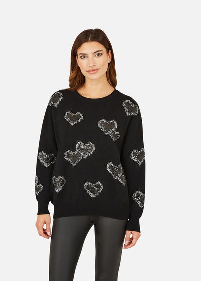 Yumi Black Sequin Heart Relaxed Jumper