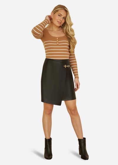 Yumi Brown Stripe Rib Knitted Long Sleeve Top With Button Details