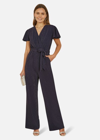 Yumi Navy Sparkle Stretch Wrap Over Jumpsuit