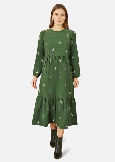 Yumi Green Long Sleeve Midi Dress With Floral Embroidery