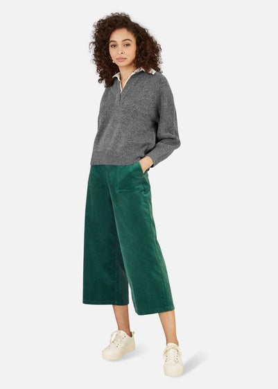 Yumi Green Cord Cropped Wide Leg Trousers With Pockets