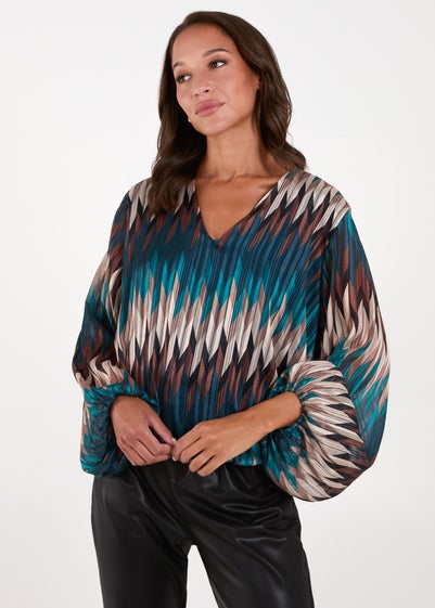 Blue Vanilla Teal Chevron V Neck Blouse