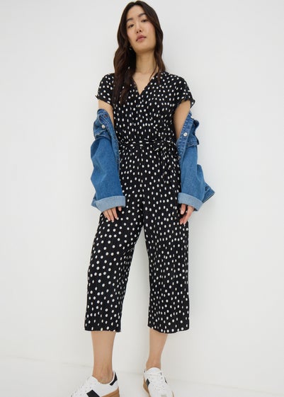 Black Monochrome Spot Plisse Culotte Jumpsuit