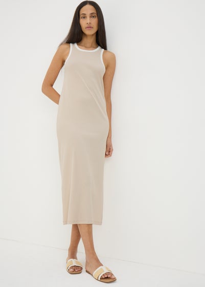 Beige Ribbed Racer Back Midi Dress