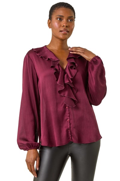 Roman Burgundy Ruffle Front V-Neck Satin Blouse