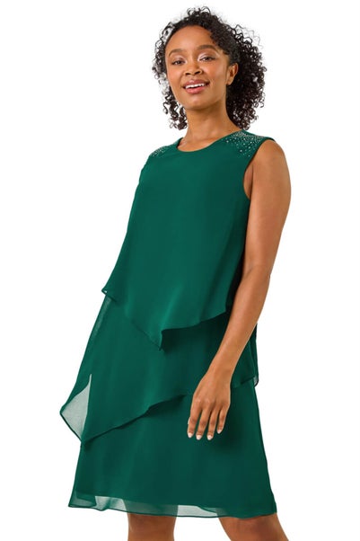 Roman Green Petite Embellished Tiered Shift Dress