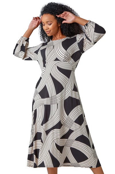 Roman Black Petite Linear Print Midi Stretch Dress