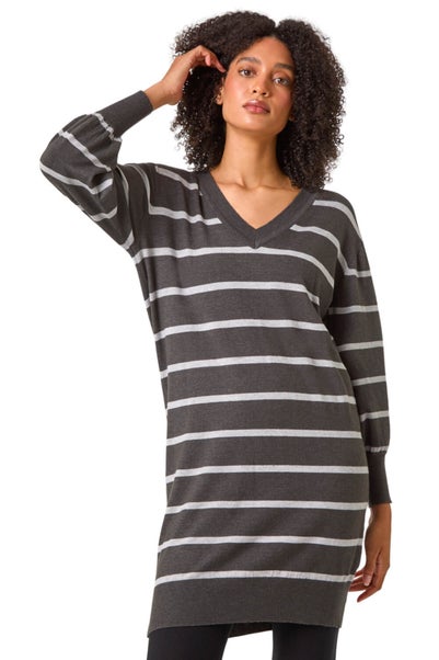 Roman Charcoal Stripe V-Neck Knit Jumper Dress