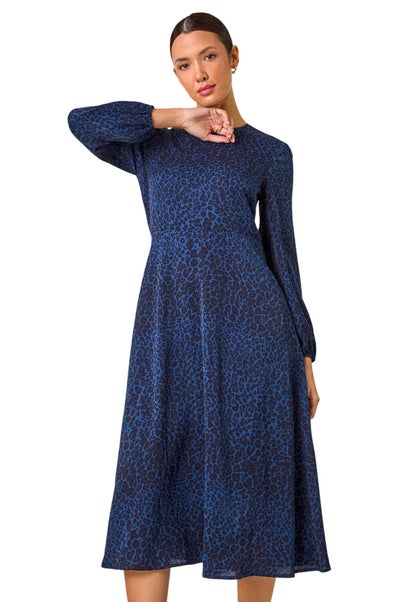 Roman Royal Blue Animal Print Fit & Flare Midi Dress