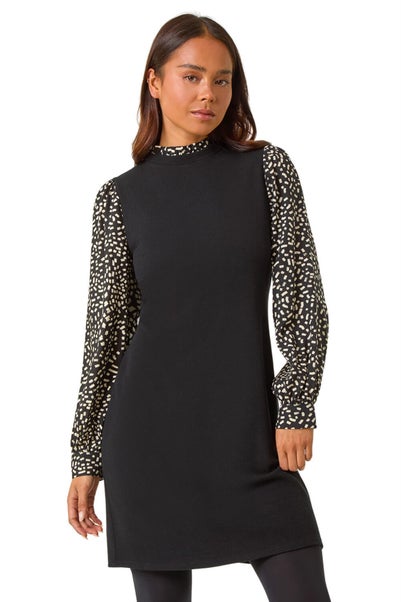 Roman Black Petite Contrast Frill Neck Stretch Dress