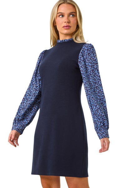 Roman Navy Petite Contrast Frill Neck Stretch Dress