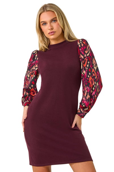 Roman Burgundy Petite 2 in 1 Contrast Print Shift Dress