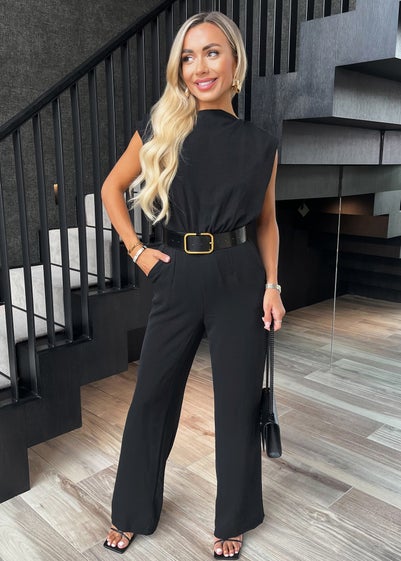 AX Paris Black Boat Neck Belted Wide Leg Jumpsuit