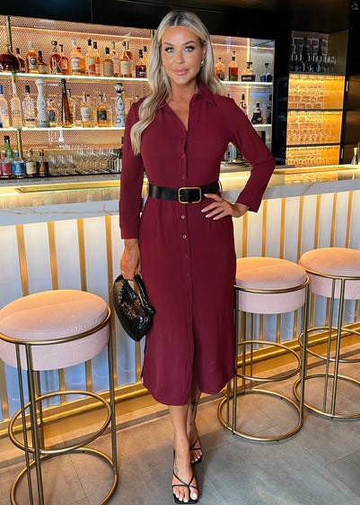 AX Paris Wine Button Front Belted Shirt Midi Dress