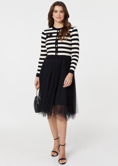 Izabel London Black Dress Striped Top & Midi Mesh Skirt