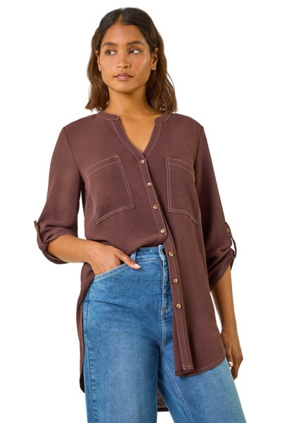 Roman Chocolate V-Neck Longline Button Detail Blouse