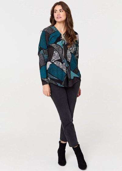 Izabel London Teal Abstract Print Zip-Front Long Sleeve Top