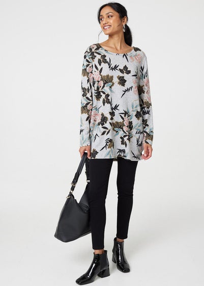 Izabel London Grey Floral Wide Neck Relaxed Long Sleeve Top