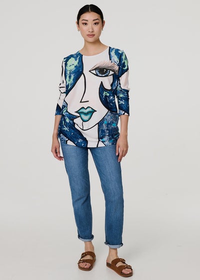 Izabel London Blue Graphic Diamante Print Long Sleeve Top