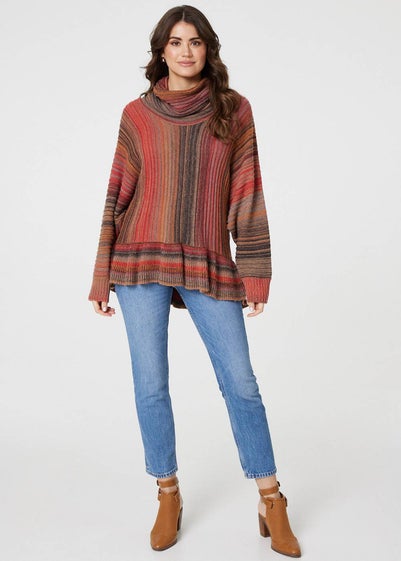 Izabel London Orange Striped Oversized Frill Roll Neck Jumper