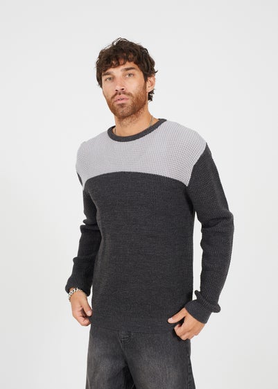 Brave Soul Charcoal Crew Neck Knit Jumper with Contrast Panel