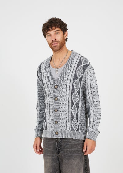 Brave Soul Charcoal Button Through Oversized Cable Knit Cardigan