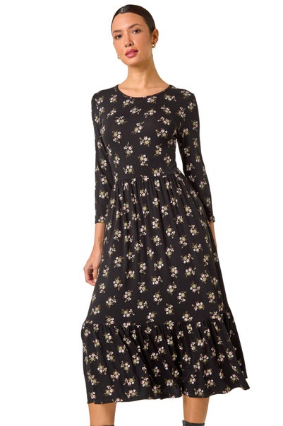 Roman Black Floral Print Frill Hem Stretch Midi Dress