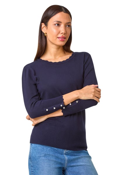 Roman Midnight Blue Diamante Button Scallop Edge Jumper