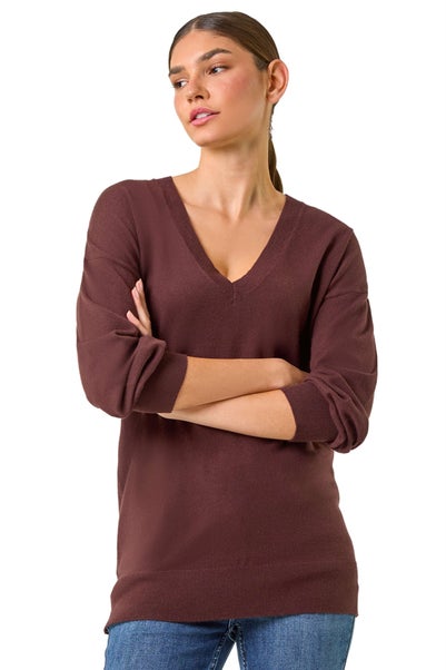 Roman Chocolate Plain V-Neck Stretch Jumper