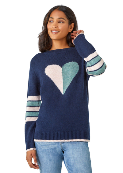 Roman Midnight Blue Heart Print Stripe Sleeve Jumper