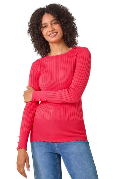 Roman Coral Button Detail Ribbed Longline Jumper