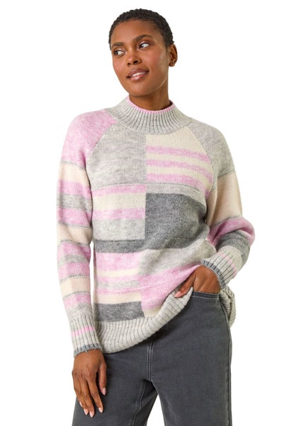 Roman Light Grey Stripe Colour Block Knitted Jumper