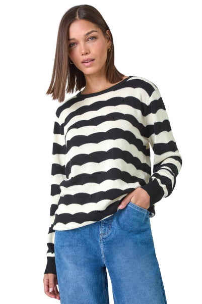 Roman Black Striped Scallop Cotton Blend Tie Jumper